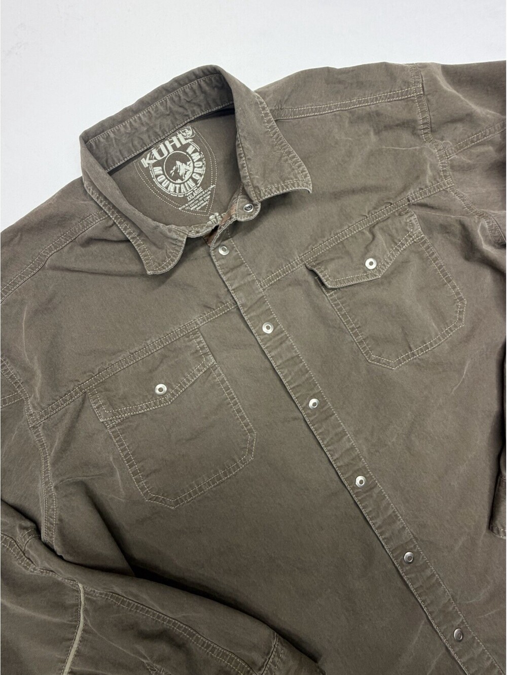 Kuhl Shirt Mens 2XL Green 5 Panel Sleeve Snap Button Down Outdoor Hiking